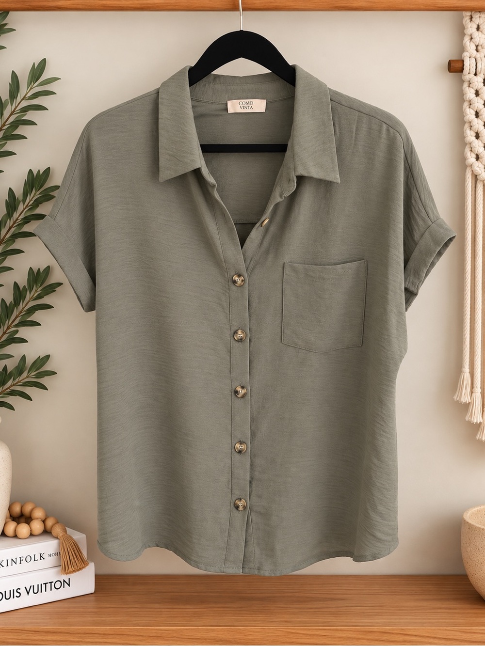 Olive Short-Sleeve Button Front Shirt